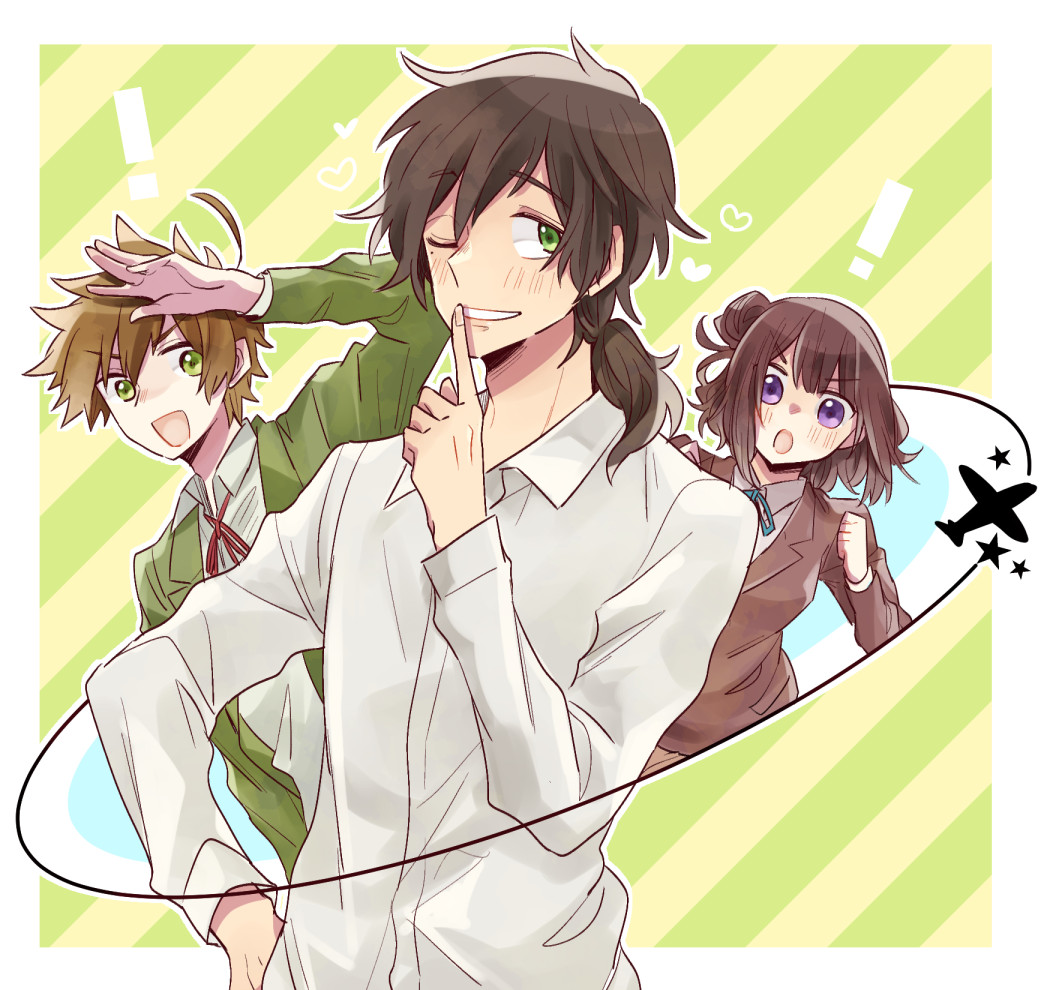 1girl, 2boys, :o, ahoge, axis_powers_hetalia, breasts, brown_hair, clenched_hands