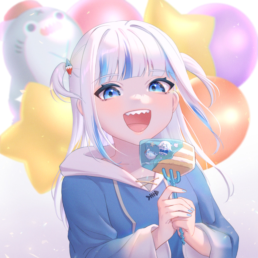1girl, bangs, bloop_(gawr_gura), blue_eyes, blunt_bangs, blurry, blurry_background, cake, cake_slice, character_doll, food, fork, gawr_gura, hair_ornament, highres, hololive, hololive_english, long_hair, multicolored_hair, mushi_aoi, open_mouth, shark_hair_ornament, sharp_teeth, solo, streaked_hair, teeth, two_side_up, virtual_youtuber, watson_amelia, white_hair