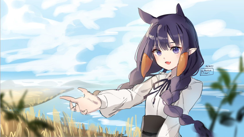 1girl, :d, bangs, black_ribbon, black_skirt, blue_sky, blurry, blurry_foreground