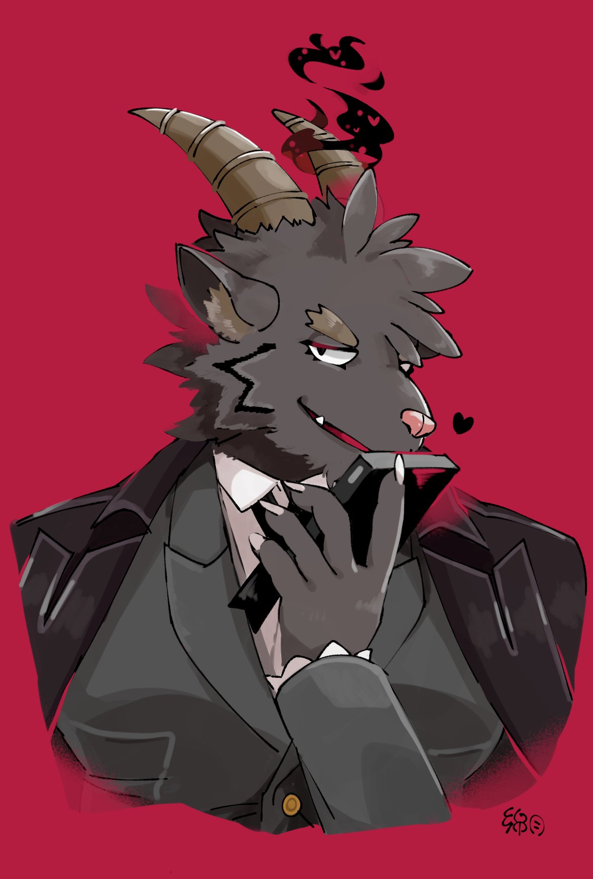 1boy, animal_ears, black_coat, black_fire, book, claws, coat, coat_on_shoulders, collared_shirt, commentary_request, fire, forked_eyebrows, formal, furry, furry_male, goat_boy, goat_ears, goat_horns, grey_fur, heart, highres, holding, holding_book, horns, long_sleeves, looking_at_viewer, male_focus, mephistopheles_(housamo), open_mouth, red_background, seductive_smile, shirt, short_hair, smile, solo, suit, thick_eyebrows, tokyo_afterschool_summoners, tusks, upper_body, watatuki, white_shirt