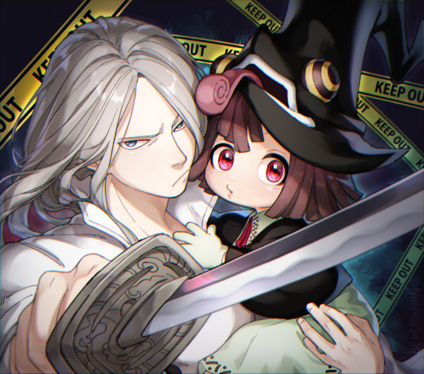 1boy, 1girl, angela_leon, blonde_hair, blue_eyes, caution_tape, child, dress, hat, highres, keep_out, long_hair, long_sleeves, looking_at_viewer, mifune_(soul_eater), pink_hair, red_eyes, soul_eater, witch, witch_hat, yokoshima_mingu