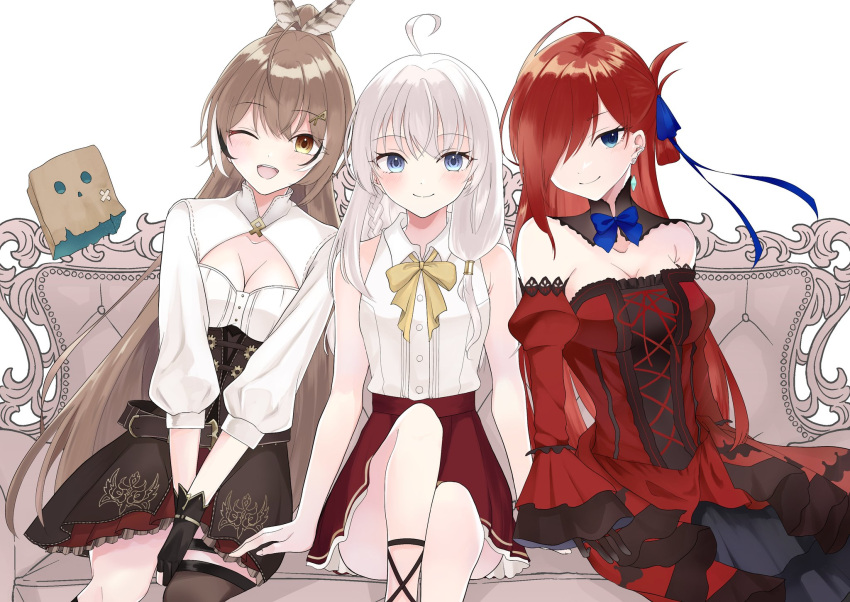 3girls, ahoge, bangs, belt, blue_eyes, blue_ribbon, brown_corset, brown_eyes