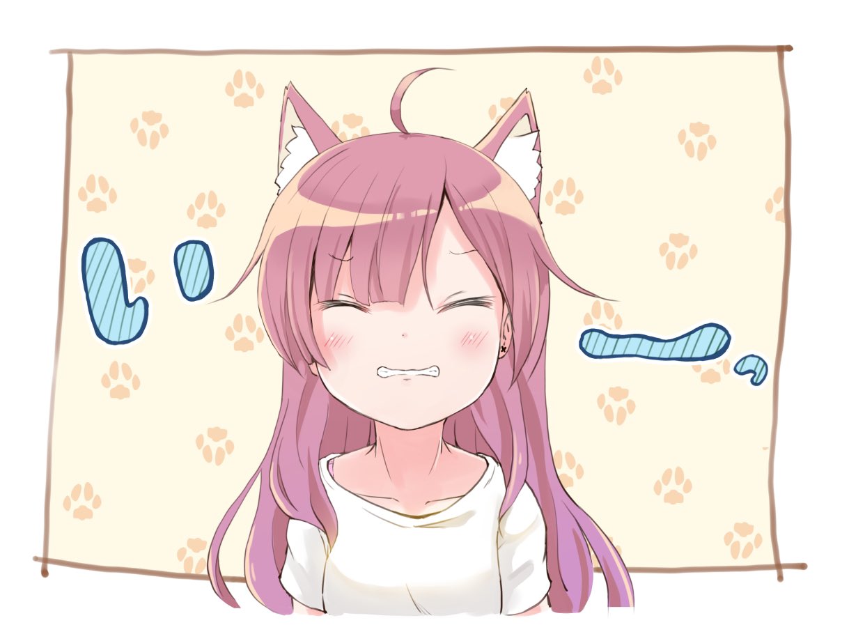 ahoge, animal_ear_fluff, animal_ears, bangs, baumkuchen_umai, cat_ears, closed_eyes, collarbone