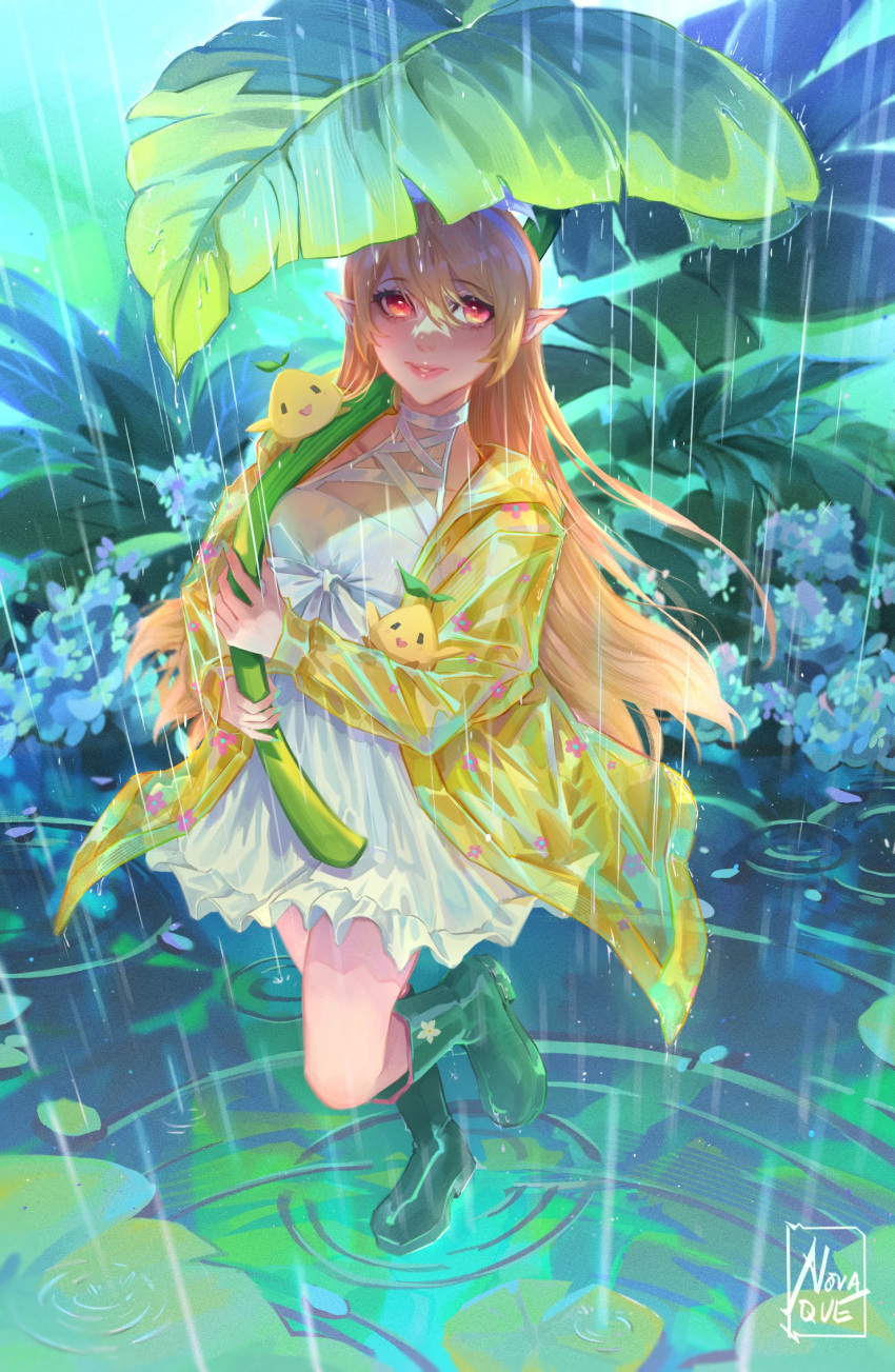 1girl, blonde_hair, boots, dress, fairy, frilled_dress, frills, hair_ribbon
