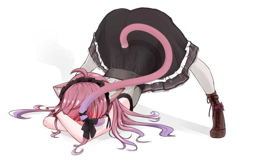 ahoge, animal_ears, bangs, bare_arms, black_dress, black_ribbon, blush, boots