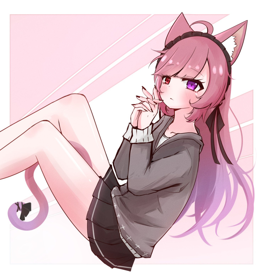 1girl, ahoge, animal_ears, bangs, bare_legs, black_ribbon, braid, cat_ears