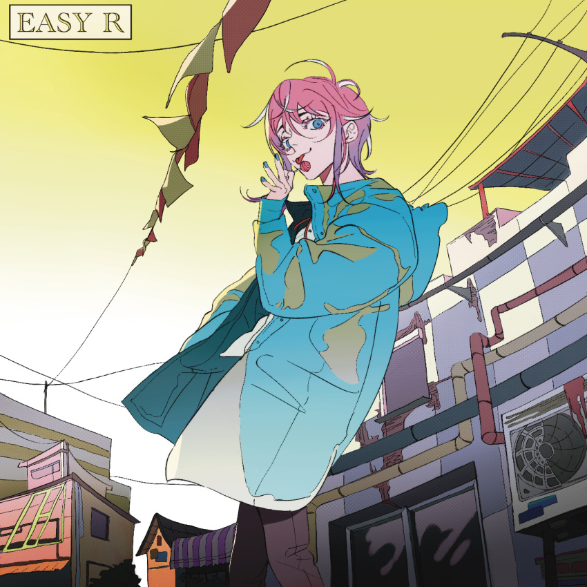 1boy, :p, amemura_ramuda, bangs, blue_eyes, blue_jacket, blue_nails, candy, city, feet_out_of_frame, food, highres, holding, holding_candy, holding_food, holding_lollipop, hood, hood_down, hooded_jacket, hypnosis_mic, jacket, lollipop, long_sleeves, looking_at_viewer, nail_polish, open_clothes, open_jacket, outdoors, pink_hair, reichio, short_hair, sidelocks, standing, symbol-only_commentary, tongue, tongue_out