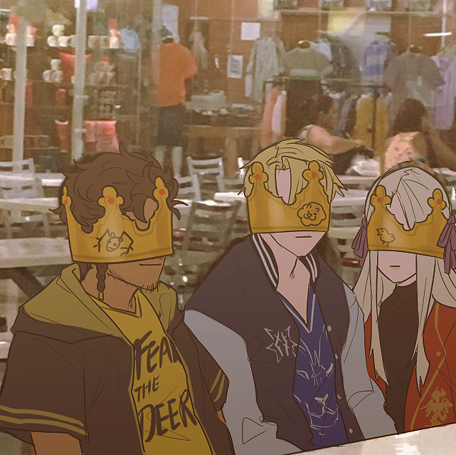 1girl, 2boys, brown_hair, burger_king, claude_von_riegan, clothes_writing, contemporary, crown, dew_borb, dimitri_alexandre_blaiddyd, edelgard_von_hresvelg, english_text, hat_over_eyes, indoors, long_hair, multiple_boys, paper_crown, white_hair