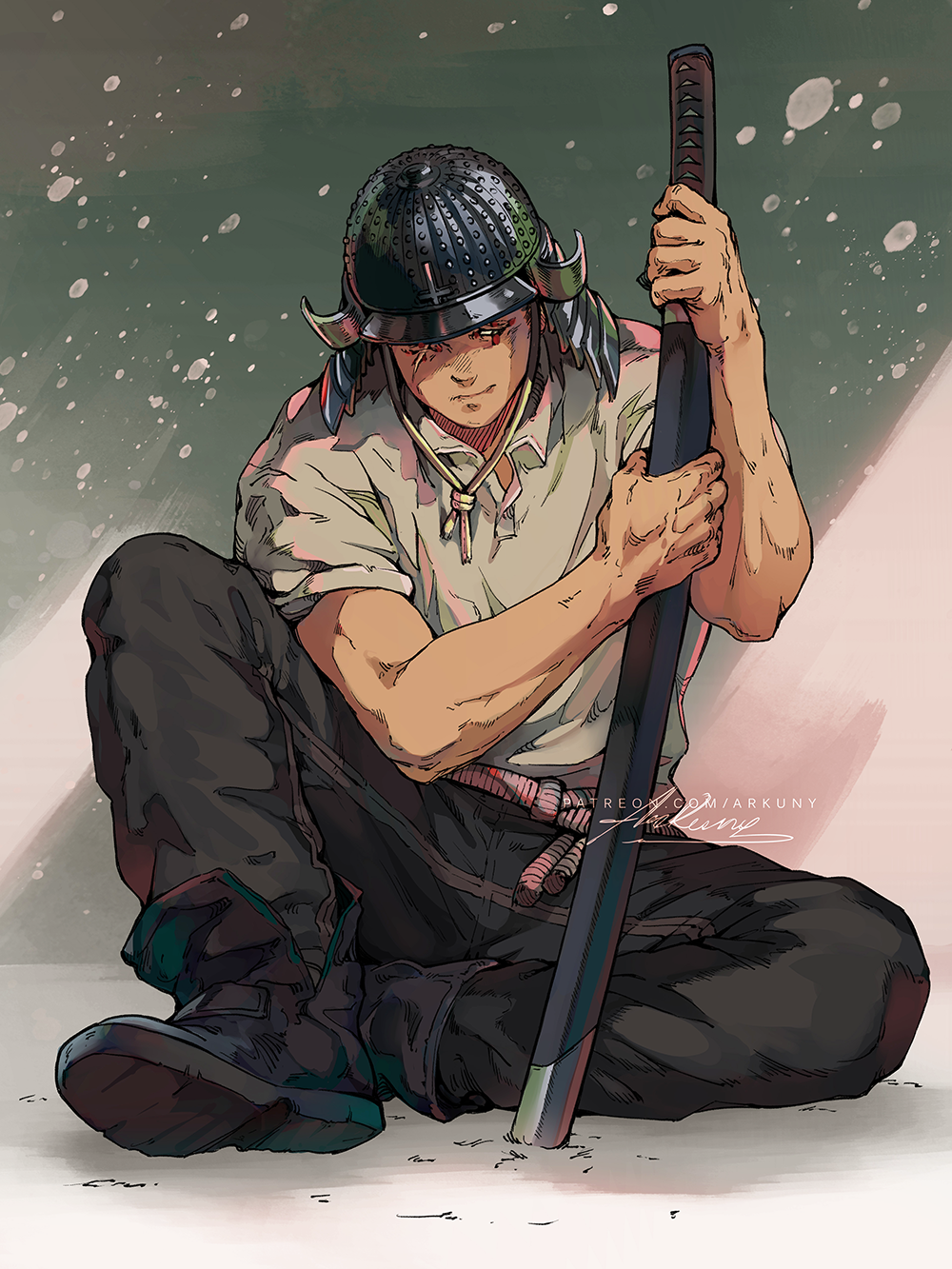 1boy, ankle_boots, arkuny, armor, artist_name, black_footwear, black_pants, boots