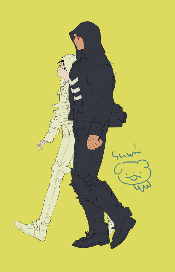 2boys, armor, bangs, black_footwear, black_hair, black_jacket, black_pants, dagger