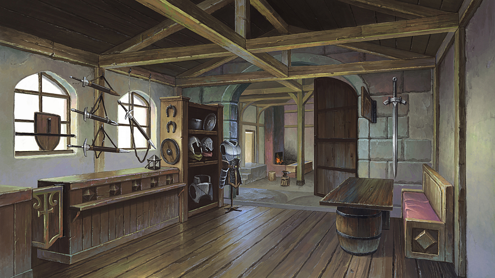 armor, armor_stand, atelier_pocket, barrel, booth_seating, counter, door, fireplace, furnace, helmet, horseshoe, indoors, lantern, no_humans, original, shield, shop, still_life, stone_wall, tagme, wall, window, wooden_beam, wooden_floor, wooden_table