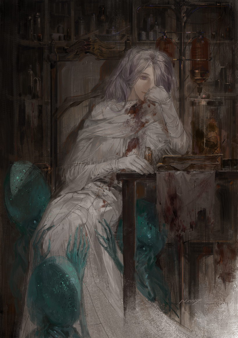 1girl, blood, blood_on_clothes, blood_on_gloves, bloodborne, blue_nails, blue_skin, book, book_stack, chair, colored_skin, dress, eldritch_abomination, fingernails, gloves, grey_hair, hair_over_one_eye, head_rest, horror_(theme), jar, long_hair, naux, painterly, parted_lips, sitting, solo_focus, torn, vial, violet_eyes, white_dress, white_gloves