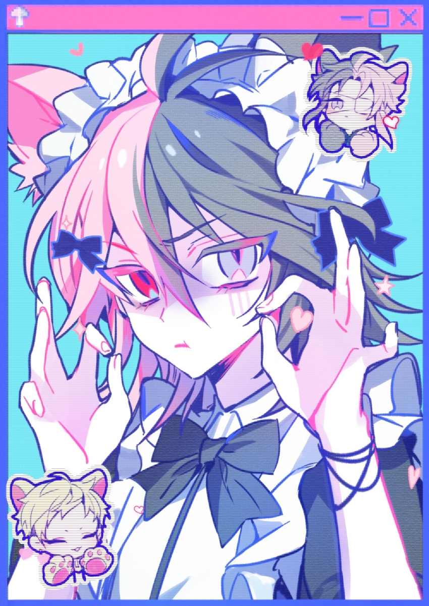 3boys, :t, ahoge, animal_ears, animal_hands, antenna_hair, black_ribbon, blonde_hair