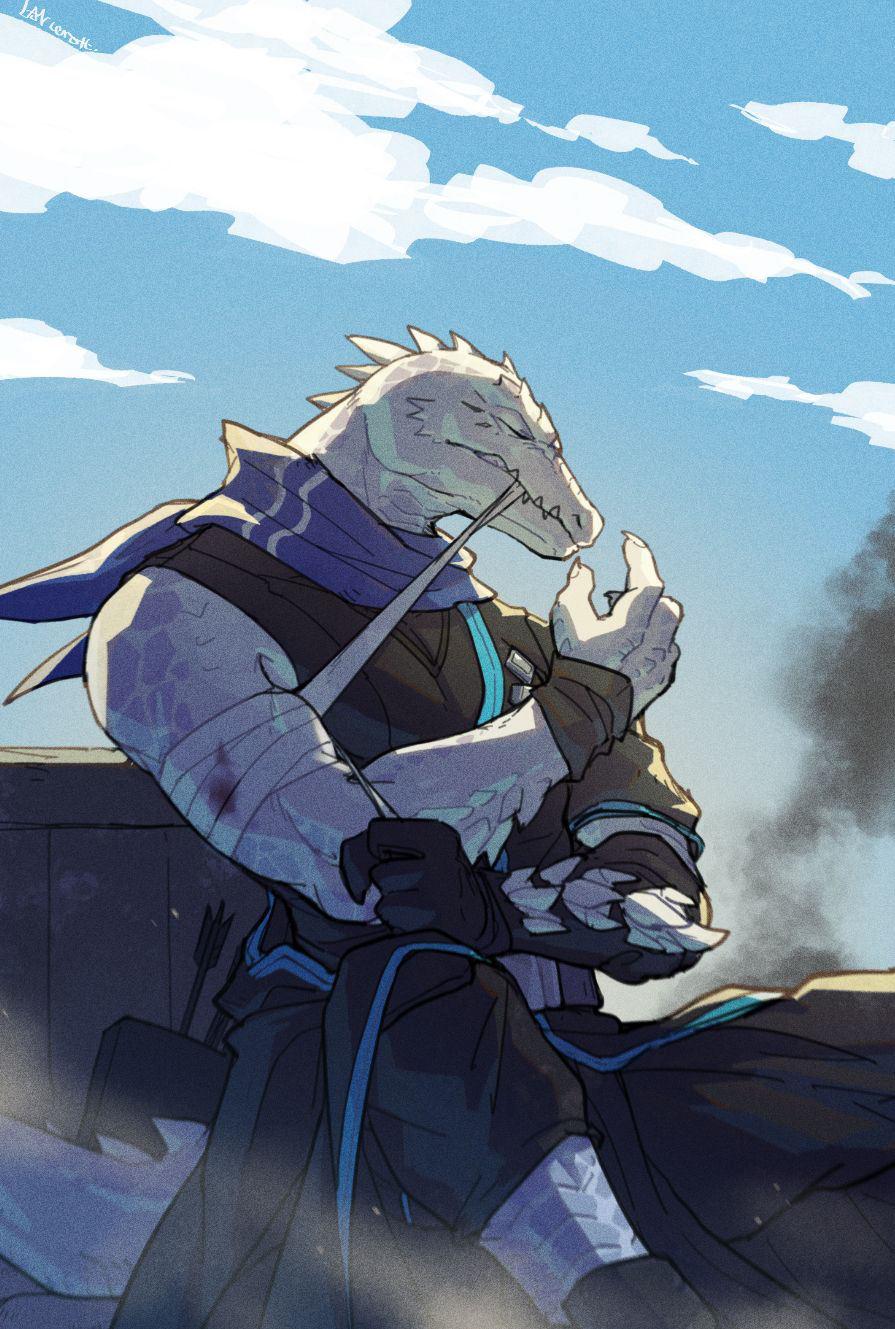 1boy, arknights, bandaged_arm, bandages, black_shirt, blood, blue_sky, closed_eyes