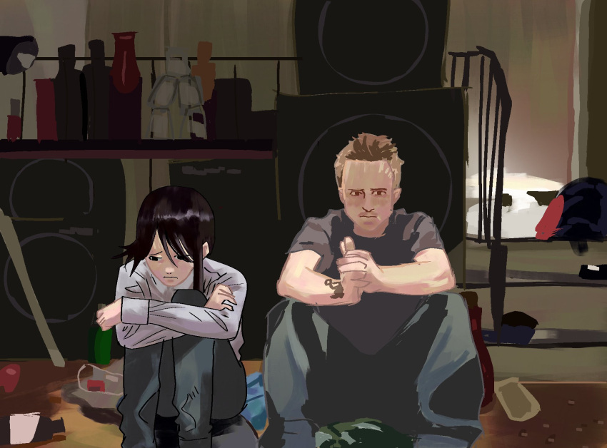 1boy, 1girl, bottle, breaking_bad, buzz_cut, chainsaw_man, english_commentary, higashiyama_kobeni, highres, indoors, jesse_pinkman, long_sleeves, mi_zukii3, pants, short_hair, short_sleeves, sitting, very_short_hair