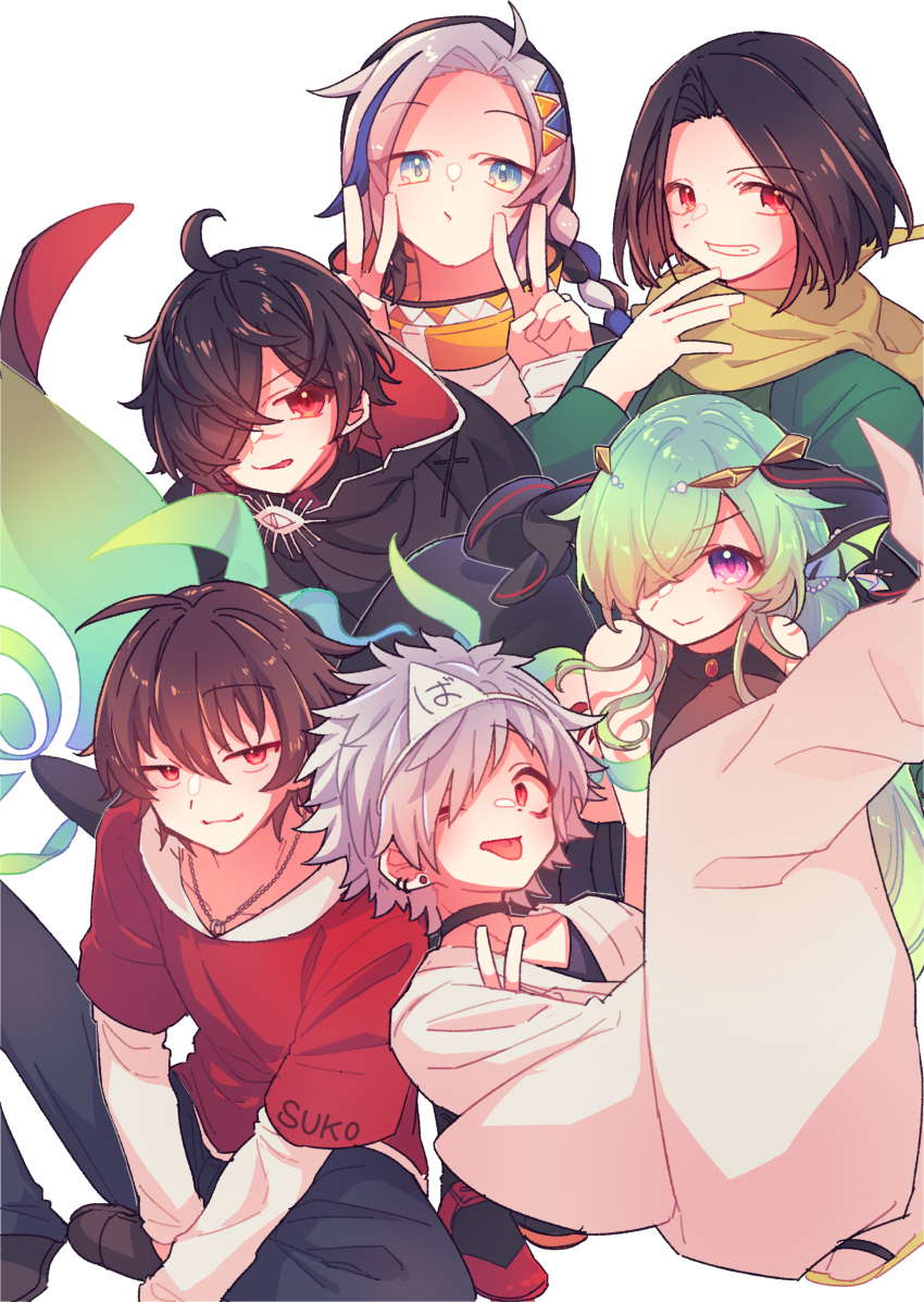 1girl, 5boys, absurdres, black_hair, blue_eyes, brown_hair, chariki, ear_piercing