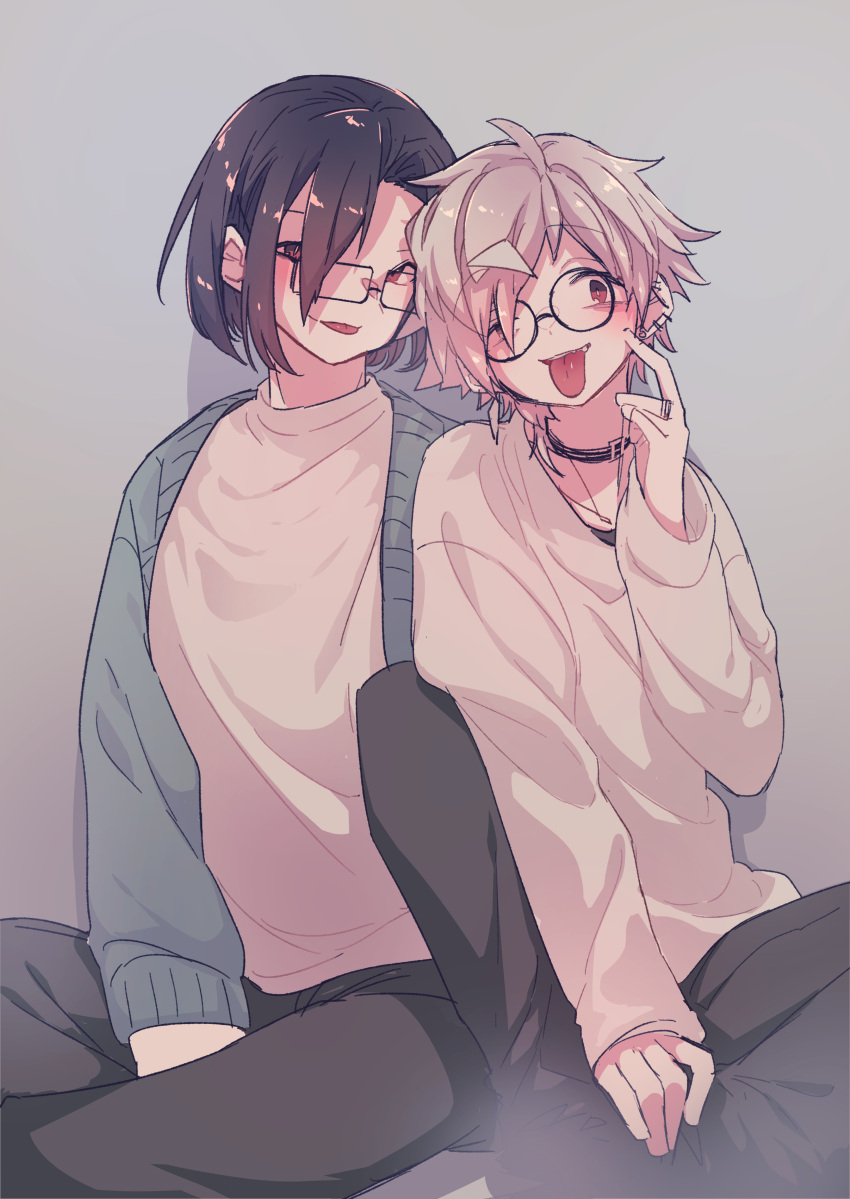 2boys, absurdres, back-to-back, black_hair, blonde_hair, blush, chariki, collar