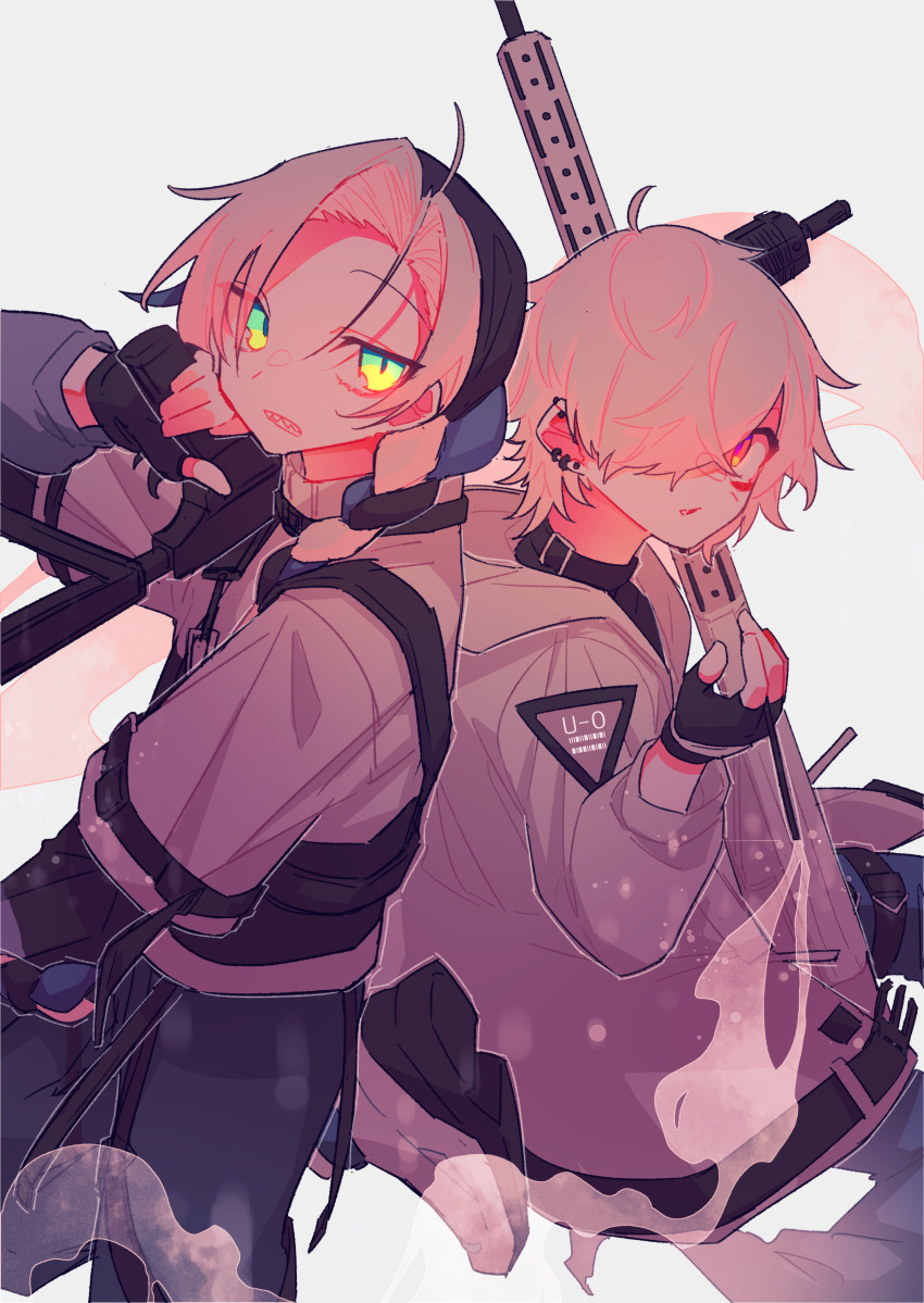 2boys, absurdres, black_hair, chariki, gun, highres, holding, holding_gun