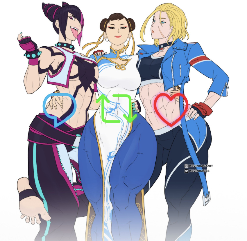3girls, abs, ahoge, artist_name, asymmetrical_docking, blonde_hair, blue_dress, blue_eyes, blue_jacket, blue_legwear, bracelet, breast_press, breasts, brown_hair, cammy_white, capcom, china_dress, chinese_clothes, choker, chun-li, crop_top, cropped_jacket, double_bun, dress, feet, fingerless_gloves, gloves, hair_bun, hair_pulled_back, hair_ribbon, han_juri, hand_on_hip, highres, hip_focus, jacket, jewelry, kevin_raganit, large_breasts, like_and_retweet, looking_at_viewer, multicolored_hair, multiple_girls, muscular, muscular_female, navel, pants, pink_eyes, ribbon, scar, scar_on_face, serious, short_sleeves, sideboob, smile, spiked_bracelet, spikes, street_fighter, street_fighter_6, thighs, tight, tight_pants, toned, tongue, tongue_out, under_boob, white_background