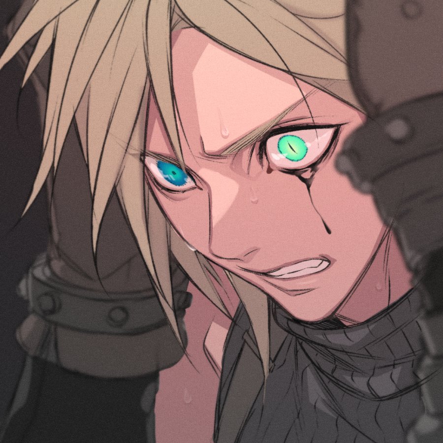 1boy, black_background, black_tears, blonde_hair, blue_eyes, brown_gloves, clenched_teeth, cloud_strife