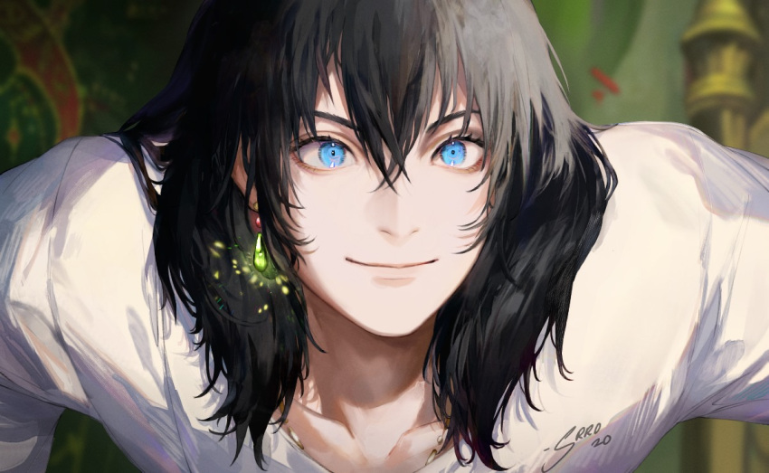 1boy, bangs, black_hair, blue_eyes, collarbone, commentary, crossed_bangs, dated