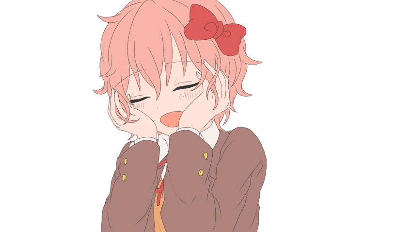 bangs, blush, bow, closed_eyes, doki_doki_literature_club, hair_bow, hair_ornament, hands_on_own_cheeks