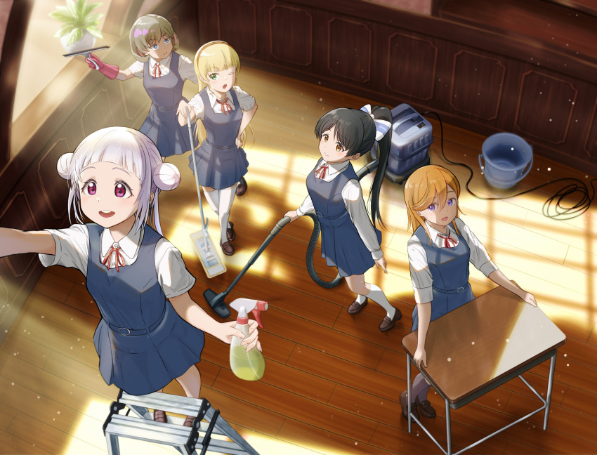 5girls, :d, :i, ;o, arashi_chisato, bangs, black_hair, blonde_hair