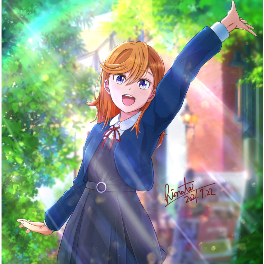 1girl, :d, arm_up, bangs, belt, belt_buckle, blue_jacket, blurry