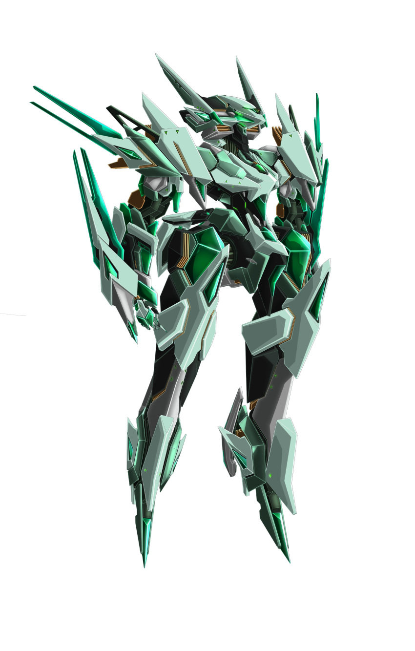 absurdres, floating, glowing, glowing_eye, green_eyes, highres, looking_ahead, mecha, no_humans, open_hands, original, robot, science_fiction, solo, timberwolf87, white_background