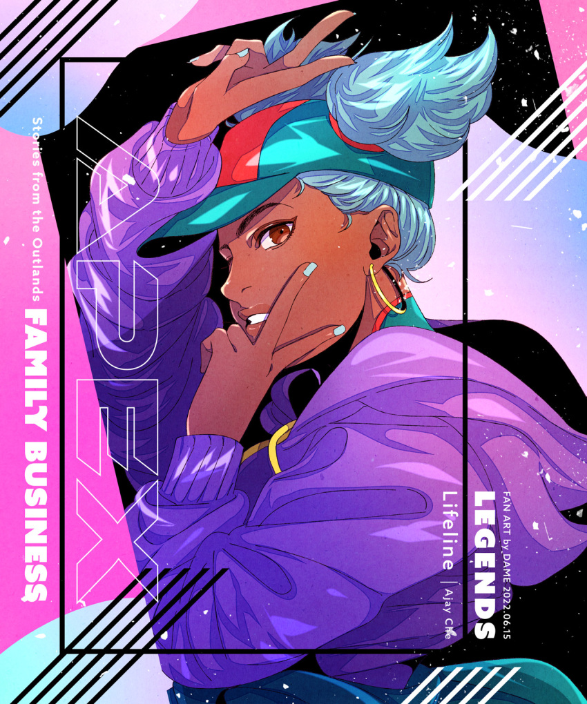 1girl, apex_legends, baseball_cap, black_headwear, blue_hair, blue_nails, brown_eyes, character_name