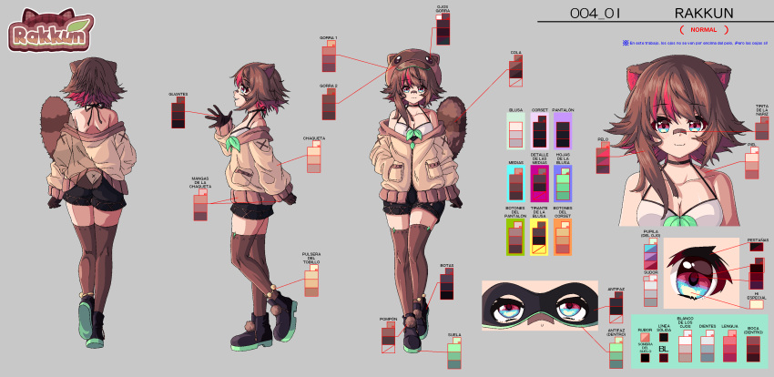 1girl, :3, absurdres, animal_ears, bandaid, bandaid_on_face, bandaid_on_nose, bangs, bare_shoulders, black_footwear, black_gloves, black_mask, black_shorts, blouse, blue_eyes, brown_hair, brown_jacket, brown_legwear, brown_tail, colored_shoe_soles, eye_mask, full_body, gloves, grey_background, highres, jacket, mask, medium_hair, multiple_views, original, pocket, raccoon_ears, raccoon_girl, raccoon_tail, rakkun_sutaru, shirt, shorts, simple_background, sleeveless, sleeveless_shirt, spanish_commentary, tail, thigh-highs, toraberaaa, translation_request, white_shirt