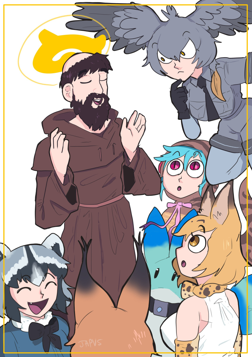 1boy, 5girls, absurdres, animal_ears, aqua_hair, bangs, belt, bird