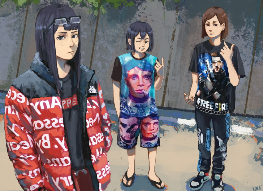 3girls, black_hair, black_shirt, brown_eyes, brown_hair, closed_mouth, day, drip_(meme), eizouken_ni_wa_te_wo_dasu_na!, expressionless, eyewear_on_head, free_fire, garena, glasses, hand_in_pocket, highres, looking_at_viewer, medium_hair, meme, multiple_girls, one_eye_closed, outdoors, peaky_blinders, print_coat, print_legwear, print_shirt, sandals, shadow, shirt, shirt_tucked_in, shoes, short_hair, shorts, skull_print, sneakers, standing, supreme_(brand), the_north_face, thomas_shelby, user_gadg7728, v