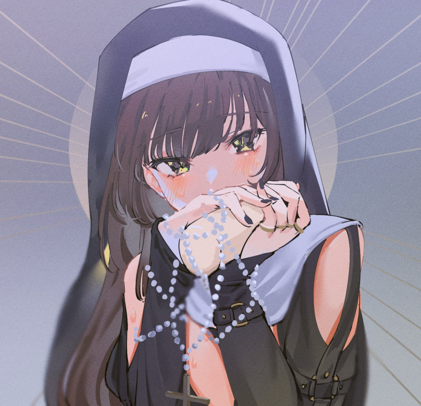 1girl, bangs, black_dress, blunt_bangs, breasts, brown_hair, cross, cross_necklace