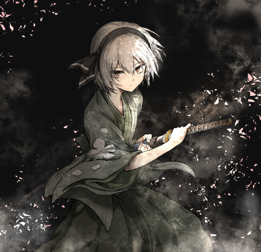 1girl, absurdres, alternate_costume, alternate_eye_color, battoujutsu_stance, black_hairband, bow_hairband, brown_eyes, commentary_request, dark, expressionless, fighting_stance, floral_print, green_kimono, hair_between_eyes, hairband, hand_on_hilt, highres, holding, holding_sheath, japanese_clothes, katana, kimono, konpaku_youmu, long_sleeves, looking_at_viewer, orange_eyes, partial_commentary, ready_to_draw, scabbard, shadow, sheath, shimoda_masaya, short_hair, solo, sword, touhou, tsuka-ito, unsheathing, weapon, wide_sleeves