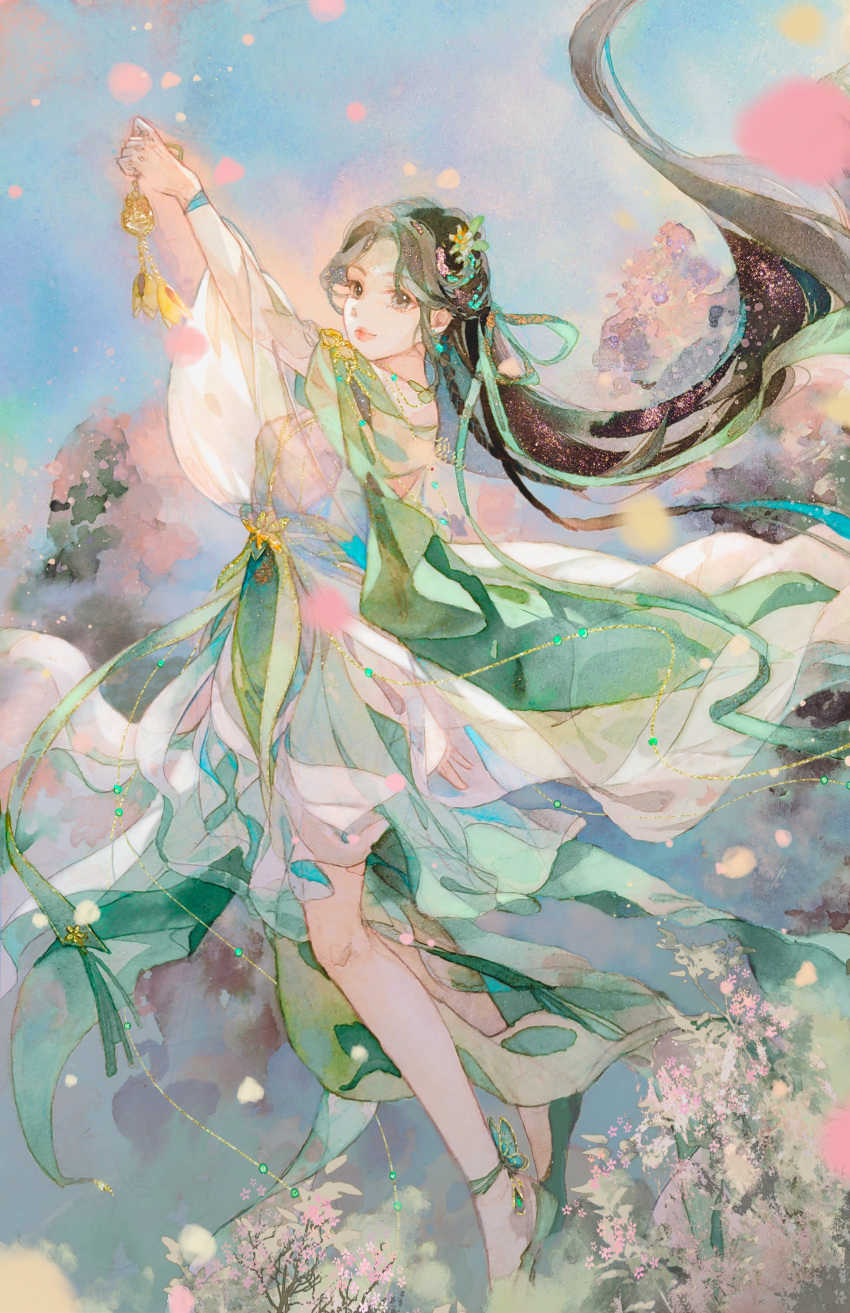 1girl, absurdres, anklet, arms_up, baiguio_(zhu_xian), bi_yao_zhuye, blue_sky, brown_hair