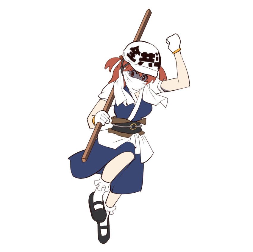 1girl, black_footwear, black_sash, blue_kimono, breasts, brown_sash, clenched_hand, coin