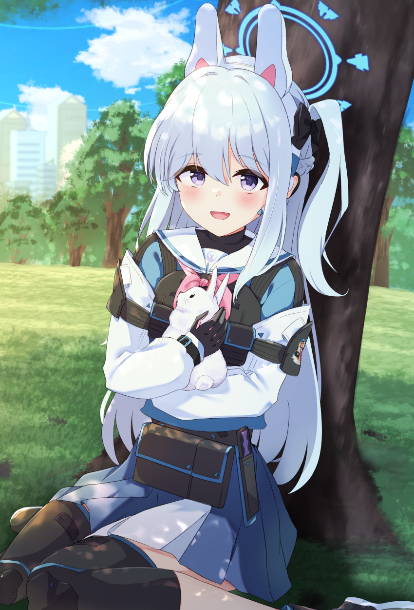 1girl, absurdres, blue_archive, blue_hair, blush, ccveru, gloves, halo