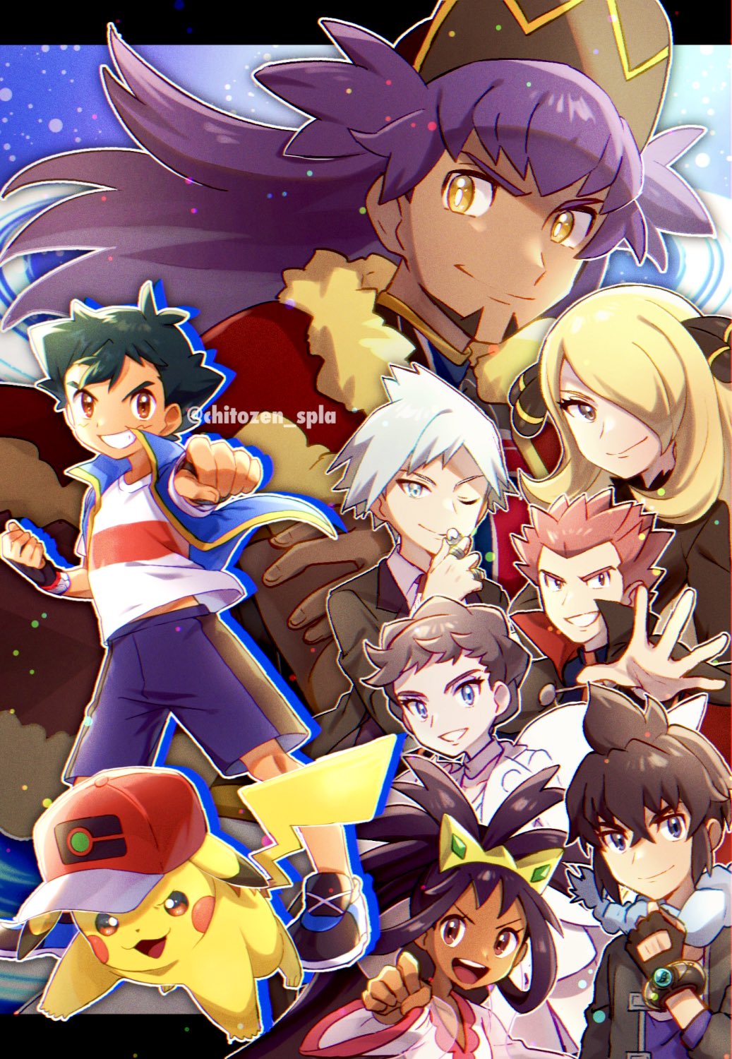 3girls, 5boys, :d, ;), alain_(pokemon), ash_ketchum, bangs, blonde_hair