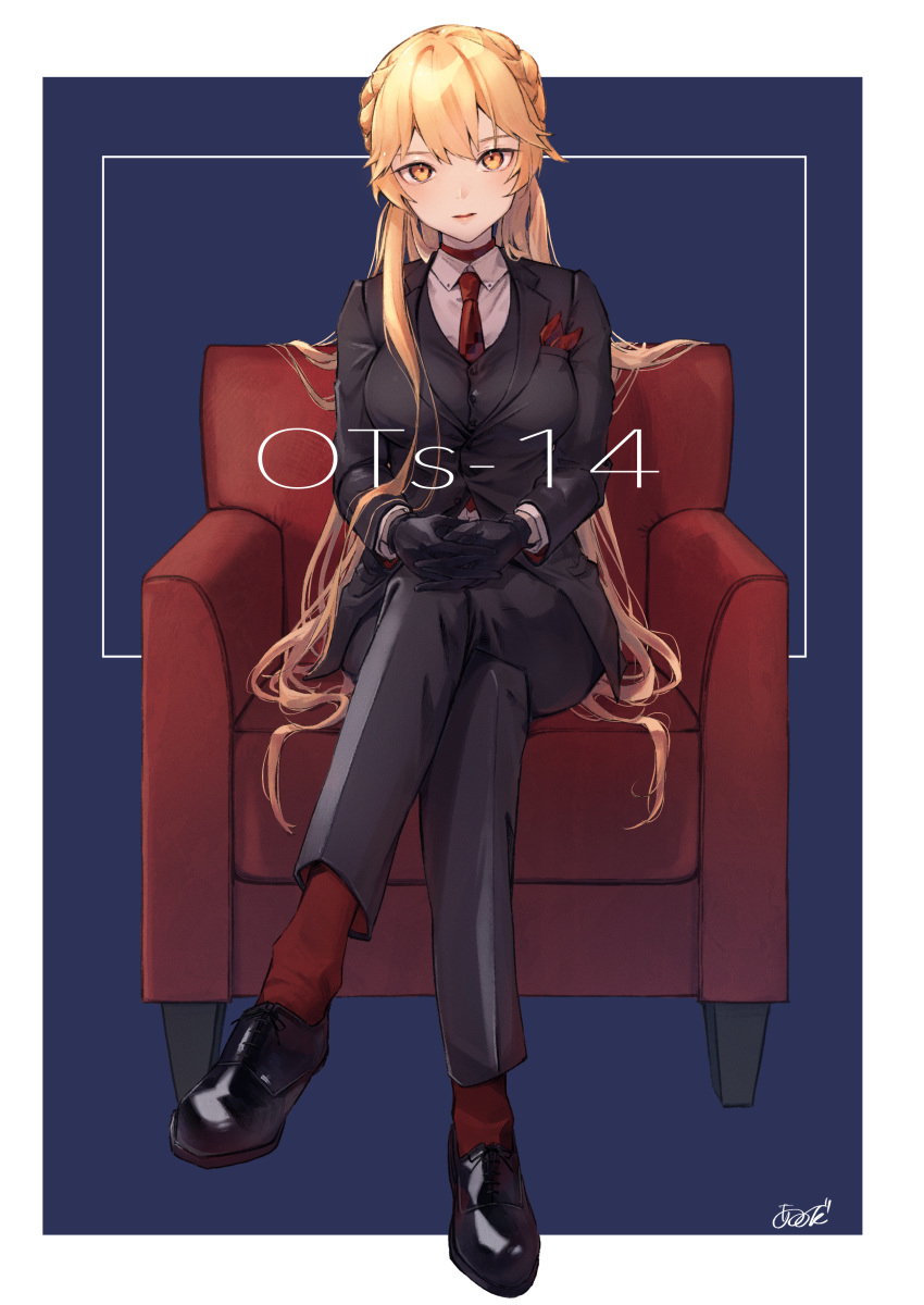 1girl, absurdres, armchair, black_footwear, black_gloves, black_jacket, black_pants, black_suit