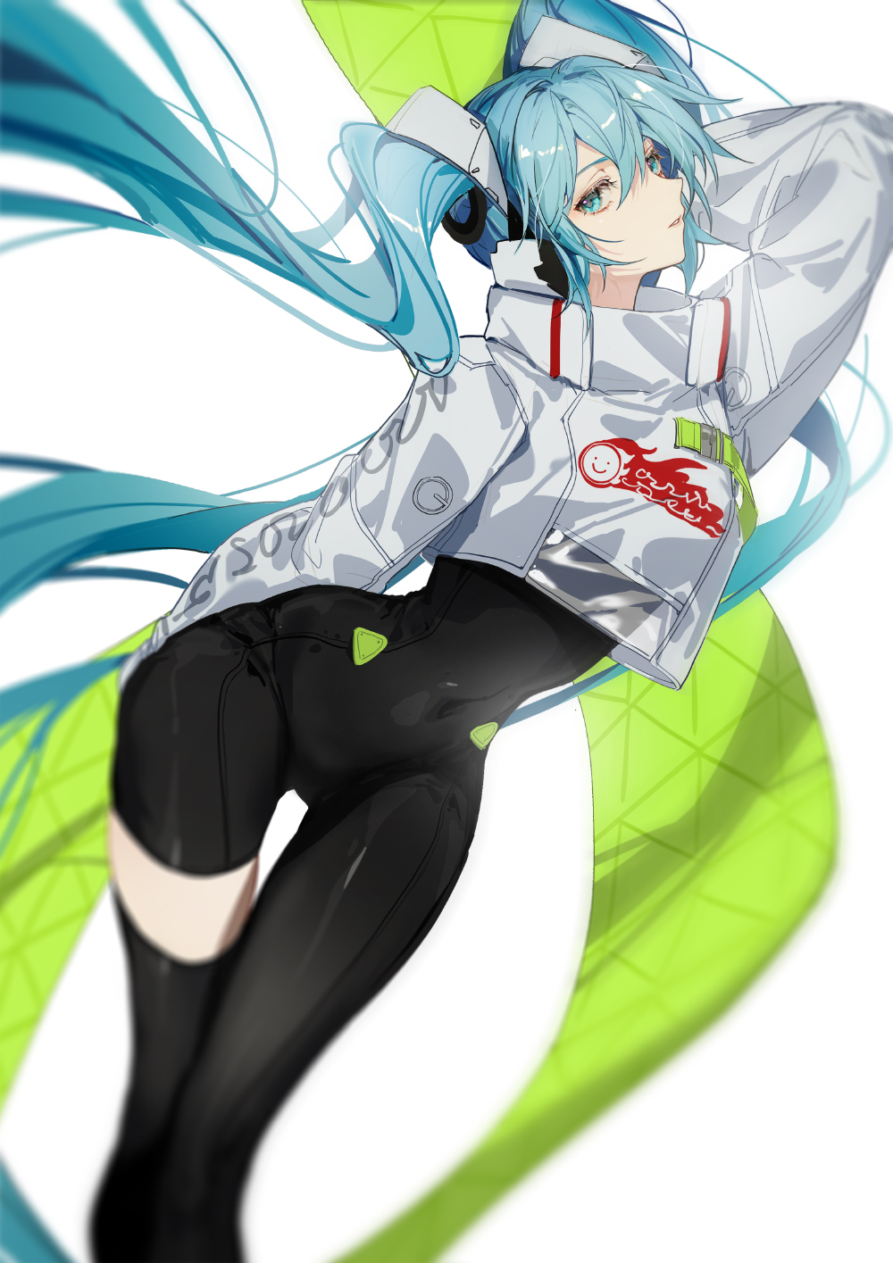 1girl, aqua_eyes, aqua_hair, bangs, black_bodysuit, black_gloves, black_legwear, bodysuit, breasts, commentary, covered_navel, feet_out_of_frame, flag, gloves, goodsmile_racing, hatsune_miku, head_tilt, highres, indai_(3330425), long_hair, long_sleeves, looking_at_viewer, mele_ck, racing_miku, racing_miku_(2022), see-through, si, simple_background, single_thighhigh, solo, standing, thigh-highs, thighs, twintails, very_long_hair, vocaloid