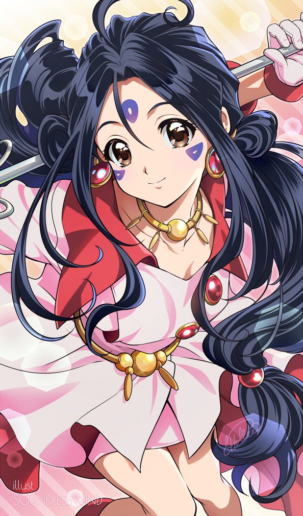 aa_megami-sama, antenna_hair, black_hair, brown_eyes, cowboy_shot, dress, earrings, facial_mark