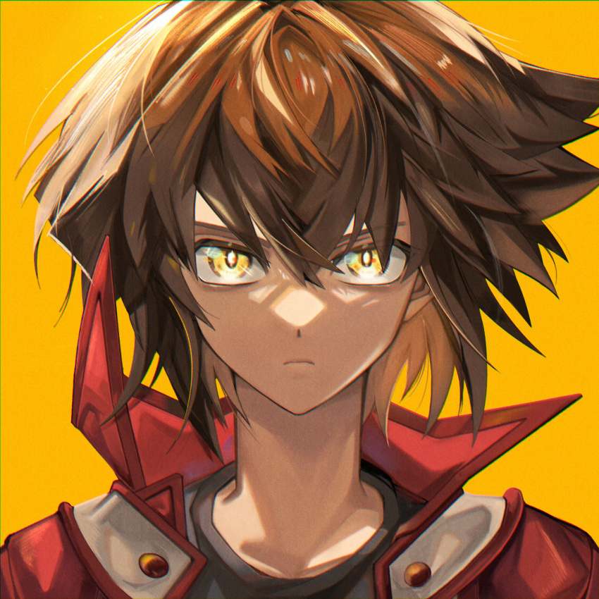 1boy, bangs, black_shirt, brown_eyes, duel_academy_uniform_(yu-gi-oh!_gx), frown, gogoshitai, hair_between_eyes, highres, jacket, looking_at_viewer, male_focus, multicolored_hair, open_clothes, open_jacket, portrait, red_jacket, serious, shirt, short_hair, solo, two-tone_hair, yellow_eyes, yu-gi-oh!, yu-gi-oh!_gx, yuuki_juudai
