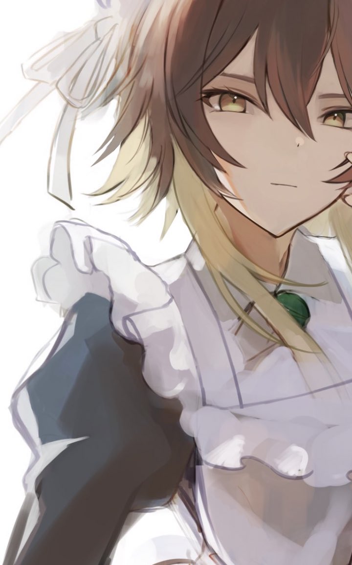 1girl, aketa_mikoto, apron, bigomaru, blonde_hair, brown_hair, expressionless, hair_between_eyes, idolmaster, idolmaster_shiny_colors, juliet_sleeves, long_sleeves, looking_at_viewer, multicolored_hair, puffy_sleeves, simple_background, sketch, solo, upper_body, white_apron, white_background