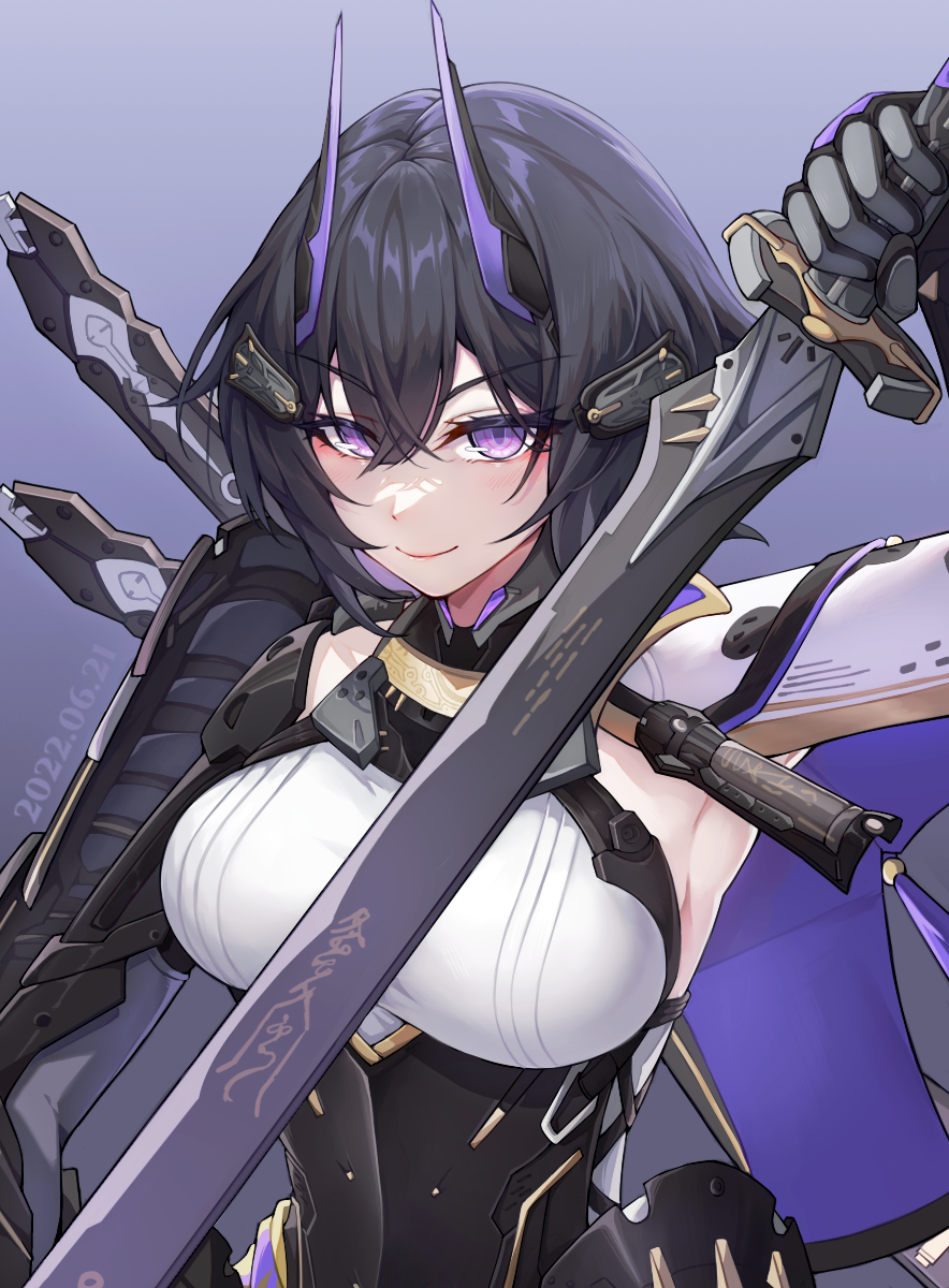 1girl, aether_gazer, armor, armored_corset, armpits, bangs, black_hair, breasts