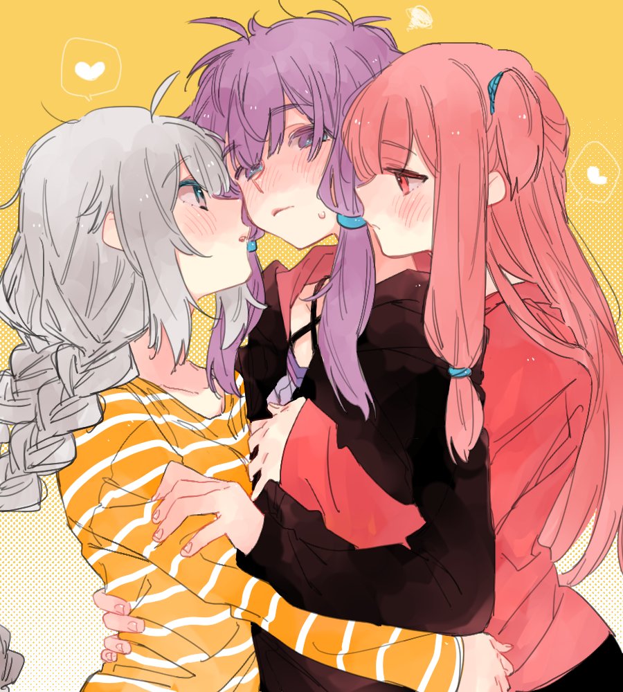 3girls, bangs, blue_eyes, blue_ribbon, blunt_bangs, blush, braid, commentary