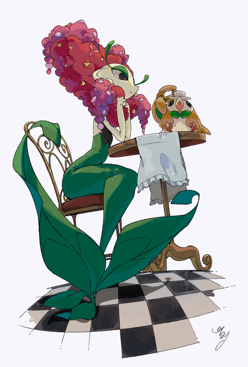 black_eyes, bright_pupils, chair, checkered_floor, closed_mouth, cup, florges, florges_(red_flower)