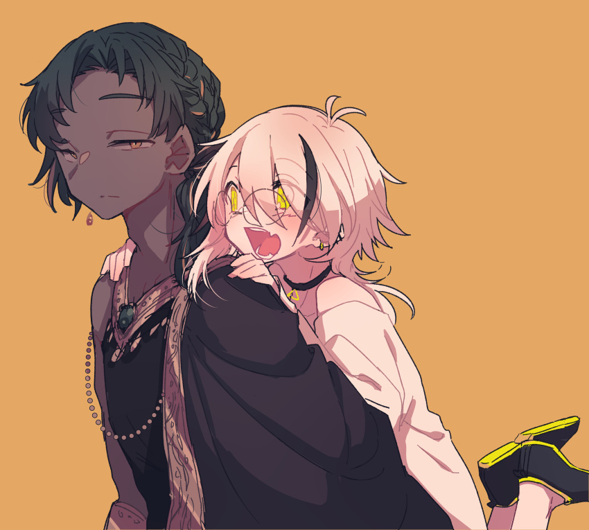 2boys, absurdres, black_hair, blush, chariki, chariki_(vtuber), dark-skinned_male, dark_skin, ear_piercing, genderswap, glasses, highres, indie_virtual_youtuber, male_focus, multicolored_hair, multiple_boys, open_mouth, orange_background, piercing, roma_roma, virtual_youtuber, white_hair, yellow_eyes