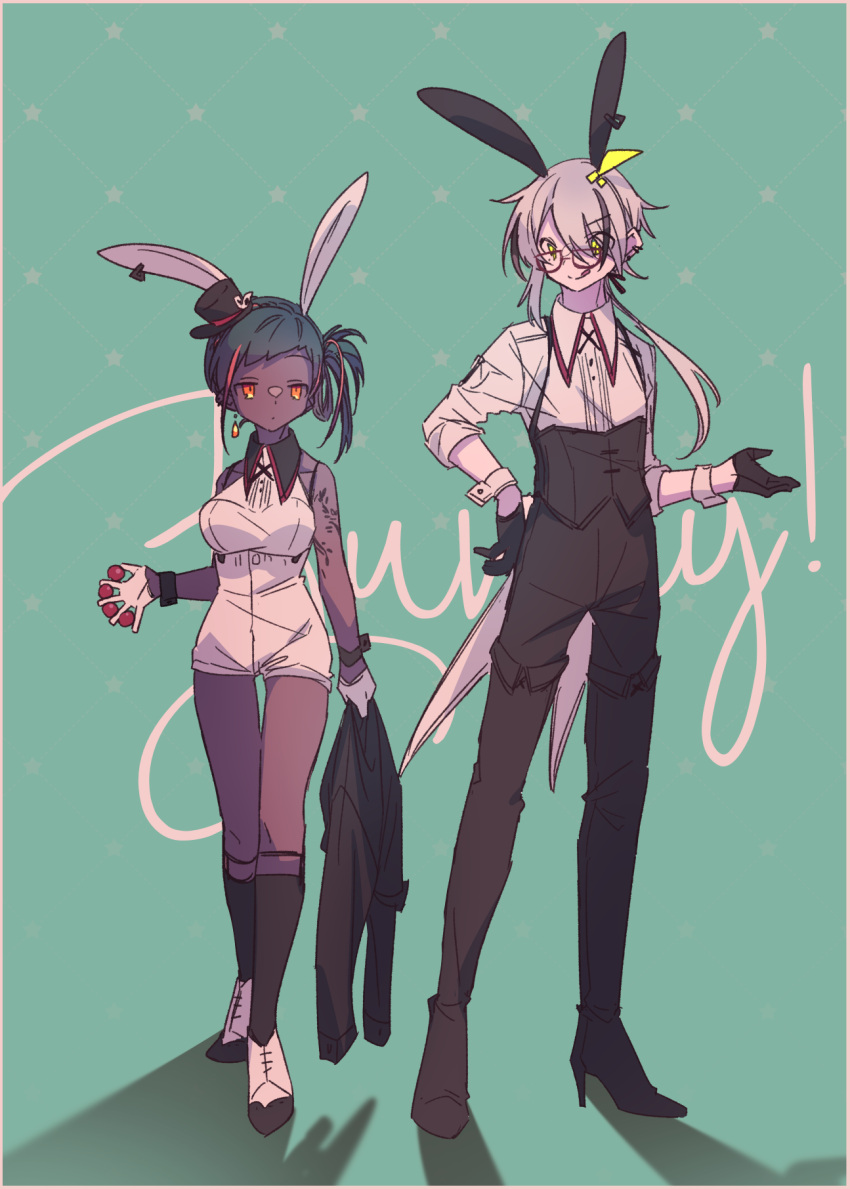 1boy, 1girl, animal_ears, black_hair, blue_background, bunny_day, chariki, chariki_(vtuber)