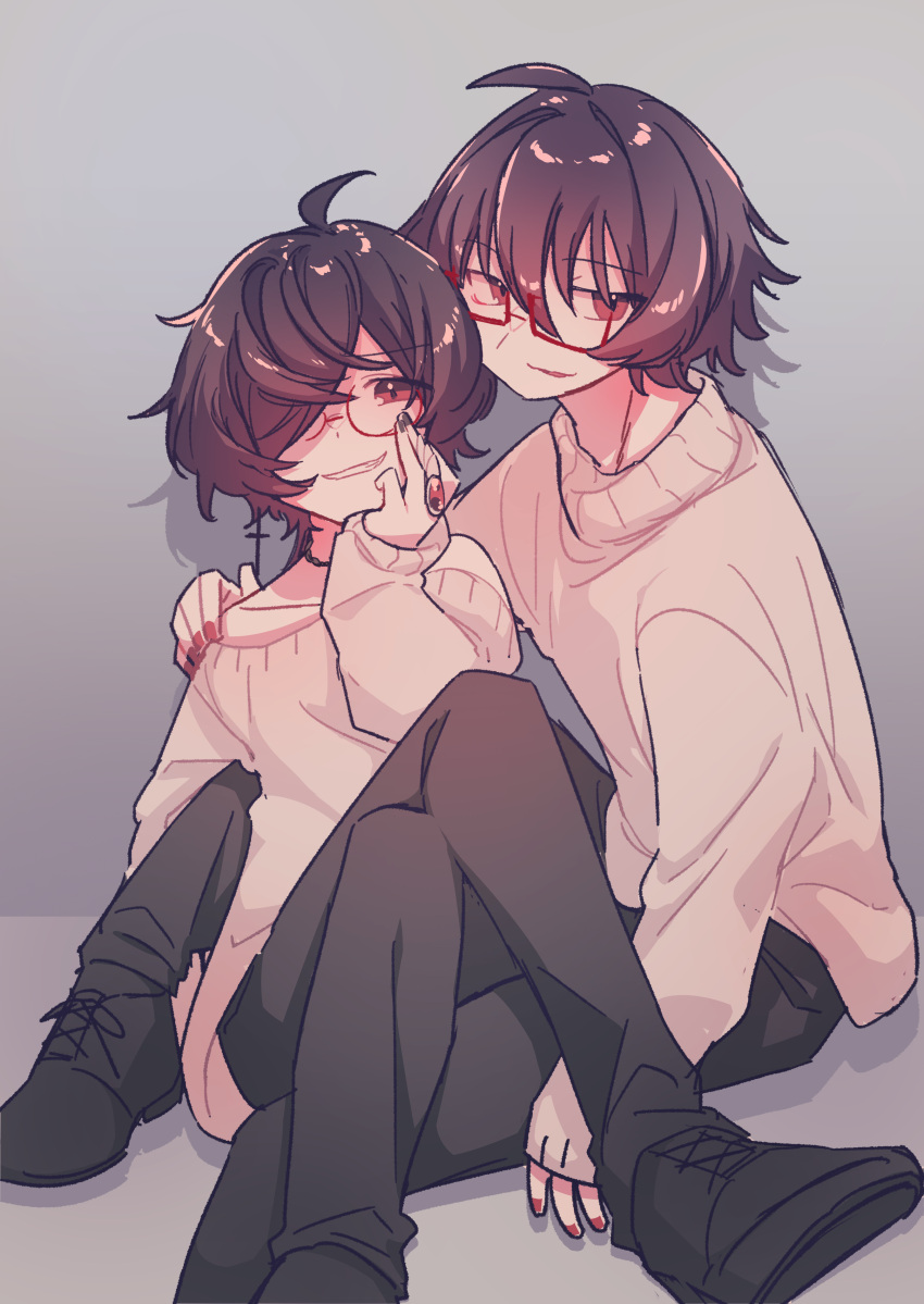 2boys, absurdres, ahoge, brown_hair, chariki, glasses, grey_background, highres